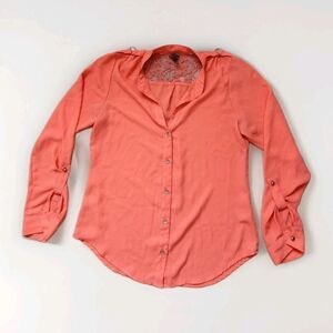 Vanity Chiffon Button Up Coral Sheer Long Sleeve Lace Detail Flowy Sz M GUC